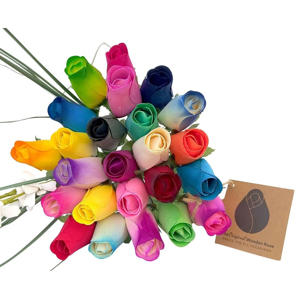 2 Dozen Vibrant Assorted Colors Flower Bouquet. The Original Wooden Rose.
